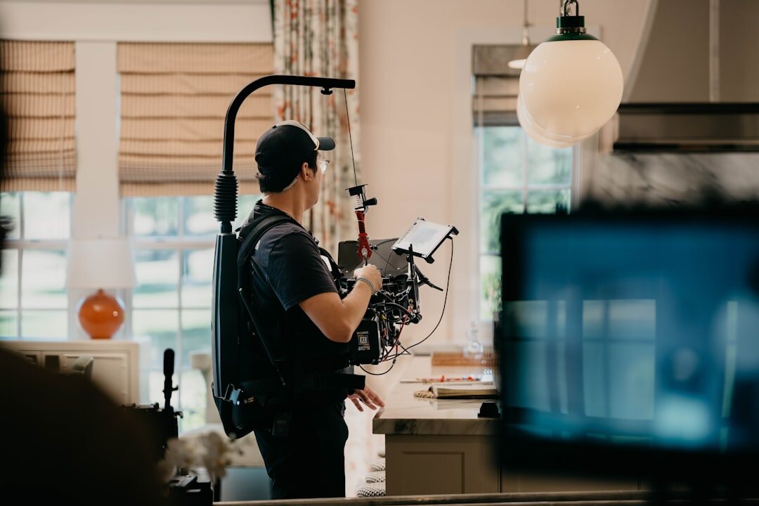 Video production crew working together in a studio